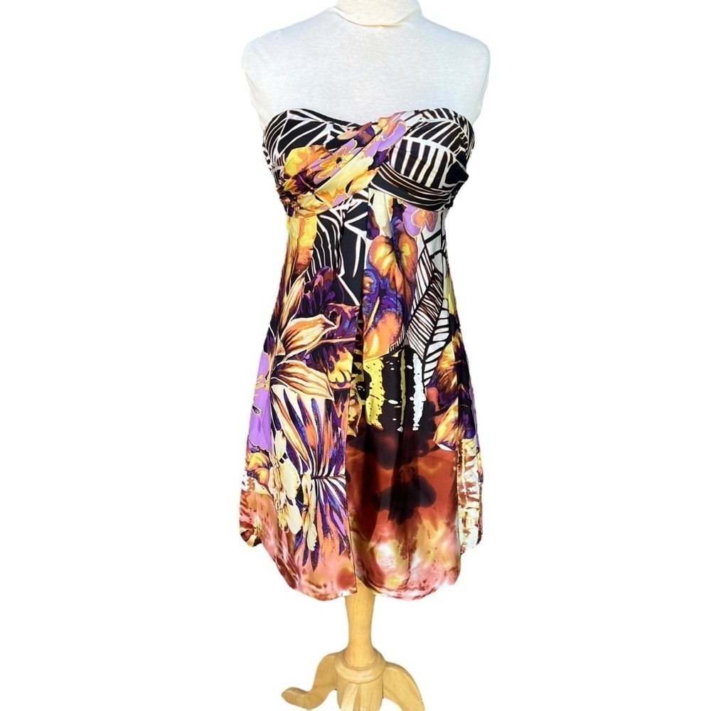 Vintage 90s Cache Silk Strapless Bubble Dress Tropical Floral Resort-wear Sz 2 - Picture 4 of 16